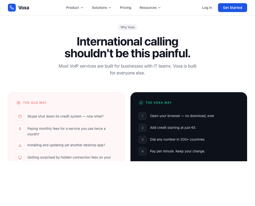 Voxa homepage comparing the old way of international calling to the Voxa way