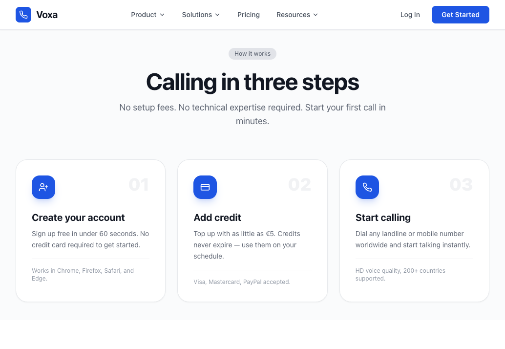 Voxa onboarding flow: create an account, add credit, start calling