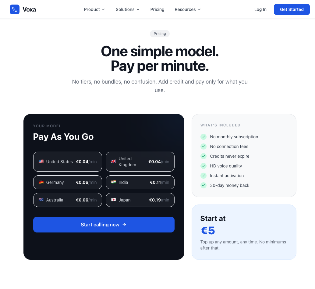Voxa pay-as-you-go pricing screen showing per-minute rates by country